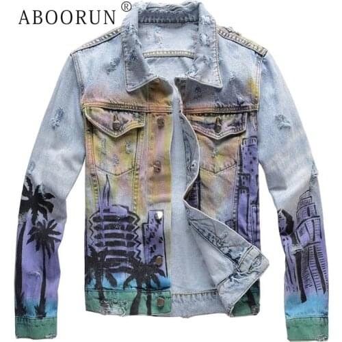 ABOORUN Mens Hand Painted Coconut Printed Denim Jacket Streetwear Ripped Hole Jean Coat High Quality