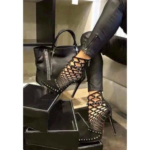 2021 Gladiator Sandals Summer Spring Pointed Toe Rivets Studded Cut Out Caged Ankle Boots Stiletto Heel Women Shoes35-40