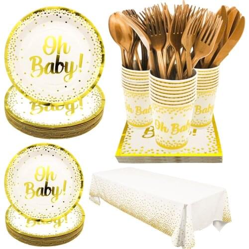 Birthday Party Bronzing Paper Plate Cup Stripe Straw Baby Girl Disposable Tableware Tablecloth Baby Shower Party Decor Supplies