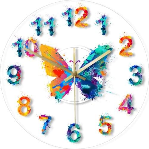 Colorful Arabic numbers Wall Clock Watercolour Butterfly Painting Art Hanging Timepiece Giclee Fine Art Printed Mute Wall Watch