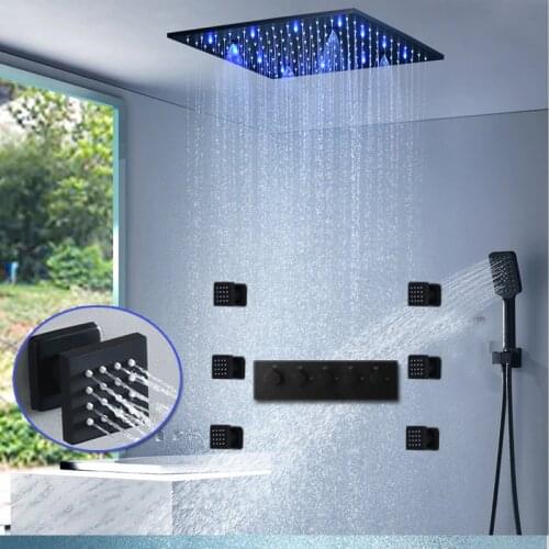 Black Shower Body Jets Massage LED Shower System 16 inch rain mist hand shower bathroom modern shower set ceiling mounted