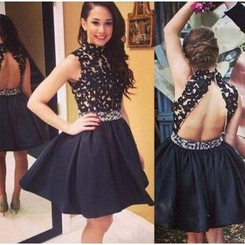 Elegant Short Lace Black Beaded Homecoming Dresses A-Line Halter Satin Knee Length Open Back Graduation Dresses for Juniors