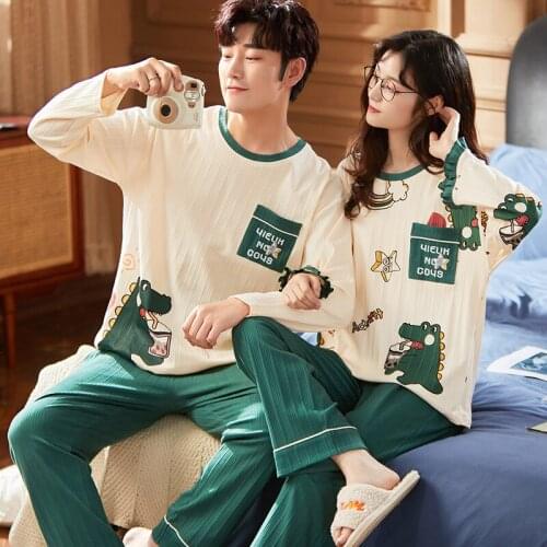 Cotton Couple Pajamas Set Winter Cartoon Green Little Dinosaur Long Sleeve Men Women Sleepwear Leisure Oversized Lovers Homewear