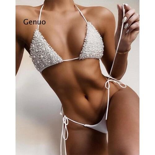 Sexy Pearl Bikini Women 2021 Deep V Swimsuit Female Swimwear Thong Push Up Bikini Set Low Waist Bathing Suits Summer Beach Wear