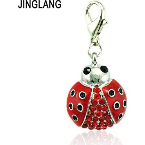 JINGLANG Wholesale Price Lobster Clasp Charms Rhinestone Red Enamel Ladybird Animals Charms DIY Pendant Jewelry Accessories