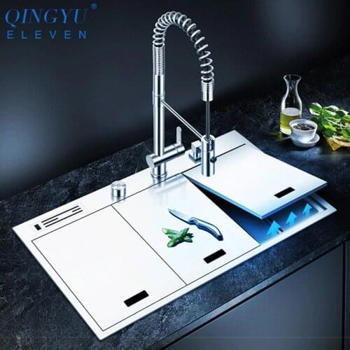 Cloaking Kitchen Sink 304 Stainless Steel 4mm Thickness Handmade Brushed Three Cover Hidden Large Size Knife Holder Double Sink