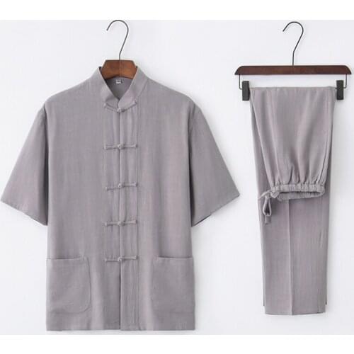 Male Costume Cotton Chort Cleeved Suit Summer Chinese Tea Clothing Collar Lay Clothes Chinese Wind Kung Fu Clothing
