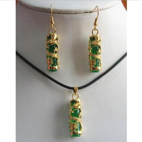 Unique dragon inlay green cylinder natural JADE pendant & earrings sets