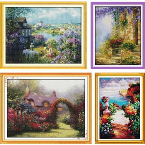 Canvas Embroidery Cross Stitch Kits Garden Cabin Needlework Fabrics Stamped Patterns DMC Counted 11CT 14CT Print Decor Gifts Set