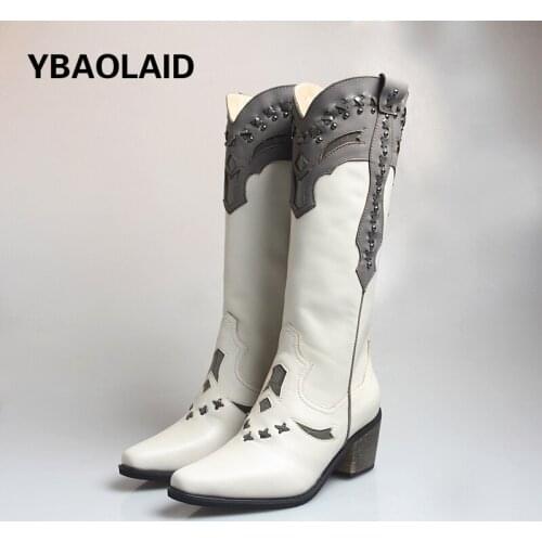 2021 Autumn and Winter New First Layer Cowhide Pointed Toe Color Matching Rivet Side Zipper Mid-heel Neutral Western Mid Boots