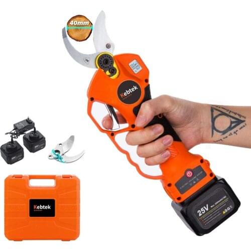 Kebtek Professional Pruning Shears Battery Powered, 25V Cordless Electric Pruning Shears [40mm] Cutting Diameter (Orange LCD)
