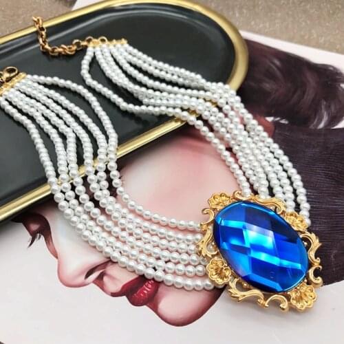 Faceted Blue Stone Necklace Multi Strands Glass Pearls Choker Collier Jewelry Femme Accessories Party Wedding Gifts