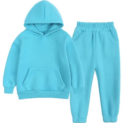 Autumn Winter Warm Children Clothes Girl Sets 1-12 Years Solid Color Tracksuit For Children Cotton Long Sleeve Hooded Tops+Pants