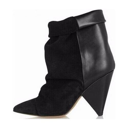 Sexy Black Pleated Ankle Boots for Women Spike High Heel Boots Fold Over Pointed Toe Autumn Winter Botas Mujer Wedge Shoes Woman
