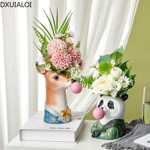 DXUIALOI Simple Creative Cute Animal Model Resin Vase Living Room Flower Arrangement Desktop Art Decoration Home Decoration