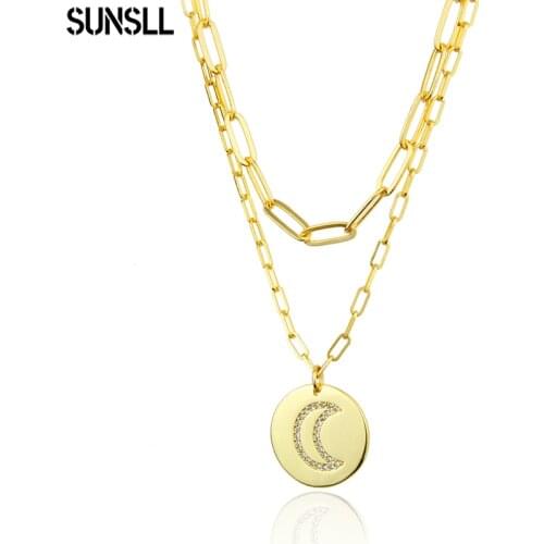 SUNSLL Gold Coin Pendant Necklace New Fashion Shiny Cubic Zircon Moon Penda For Women 2021 Luxury Fine Charm Jewelry Girl Gift