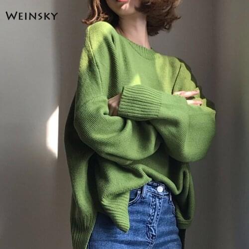Women Oversized Knitted Sweater And Pullovers Korean Fashion Style O-Neck Solid Sweaters 2019 Autumn And Winter New Tops