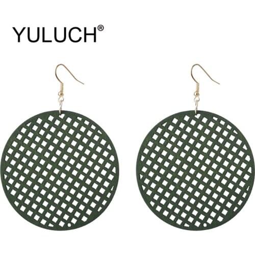 YULUCH Female Red Round Hollow Wood Big Drop Earrings For Party 2019 Ethnic African Indian Long Dangle Earrings Fashion Jewelry