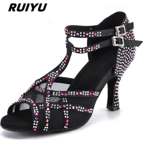 RUIYU Ladies Latin Dance Shoes Tango Salsa Ballroom Sports Shoes Rhinestone High Heels Sandals Black Satin