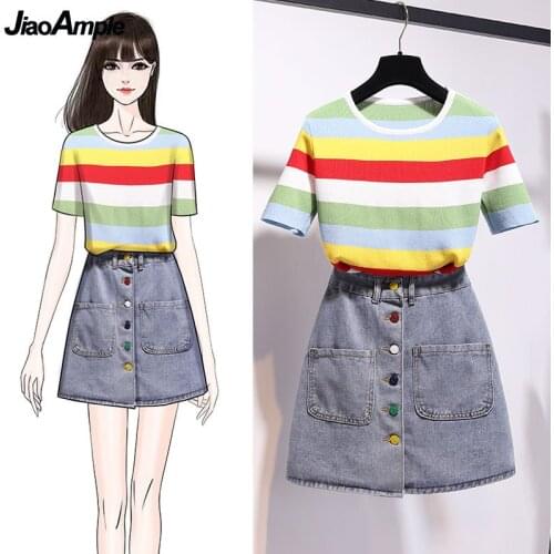 2021 Summer Women New 2 Piece Clothing Set Girls Leisure Joker Stripe T Shirt Denim Skirts Sets Lady Fashion Jeans Streetwear