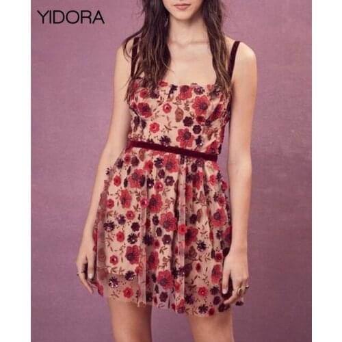 High-end 2018 Women Black/Red Lace Velvet Flower Embroidered Mini dress Features Strap Style/Tube Top Style With Removable Strap