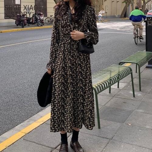Vintage Dress Spring Elegant Base Floral Print Long Flare Sleeve Midi Party Dresses V Collar Vestidos Women Clothing 8758 50