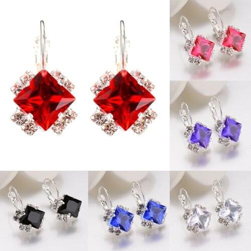 1 Pair Women Stud Earrings Ear Clips Square Crystal Wedding Jewelry 6 Colors