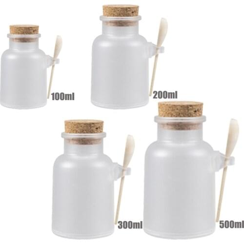 10pcs Empty Bottle Refill Plastic Bath Salt Container Matte Cork Stoppers Clear Cosmetic Makeup Mask Jar Wooden Spoon 100g 200g