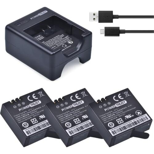 PowerTrust 3Pcs AZ16-1 AZ16 1 Yi 4K II Batteries + USB Dual Charger For XiaoYi 4K 2 Action Camera Battery