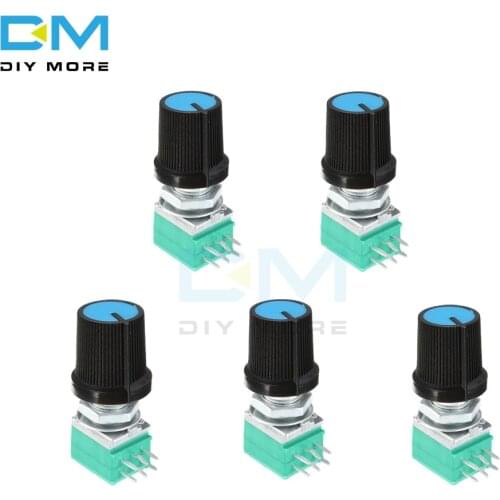 5PCS Rotary Potentiometer 6 Pin 6P 6mm Knurled Shaft Single Linear B Type B10K ohm 10K With Cap Blue Electronic DIY Kit 6PIN
