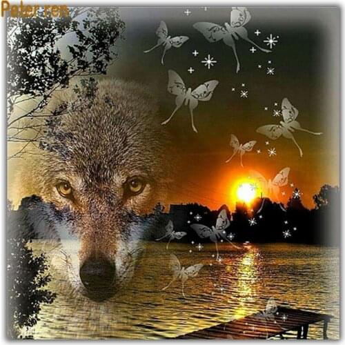 Diy Diamond painting animal cross stitch 5d Square\Round diamond mosaic Rhinestone Full Diamond embroidery "Lake Wolf Butterfly"