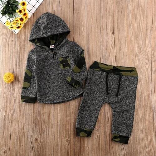 Free shipping Baby Girls Boys clothes Hooded pocket long sleeve pullover Tops camouflage Pants 2pc kids Toddler Warm Outfits