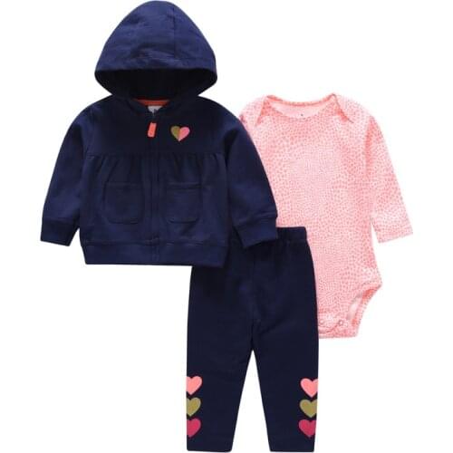 Cartered toddler Baby Girl Bodysuit Set 3pcs pack Hooded Long Sleeve Outwear+Short Sleeve Bodysuit+Pants