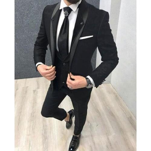 Black Slim fit Men Suits for Boyfriend 3 Piece Business formal Groom Tuxedos for Wedding prom Shawl Lapel Man Fashion Costumes