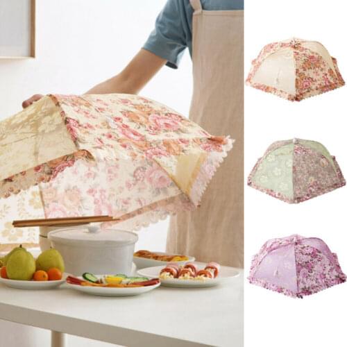 Floral Mesh Screen Protect Food Cover Umbrella Picnic Kitchen Folded Mesh Anti Fly Mosquito Umbrella Kitchen Tool
