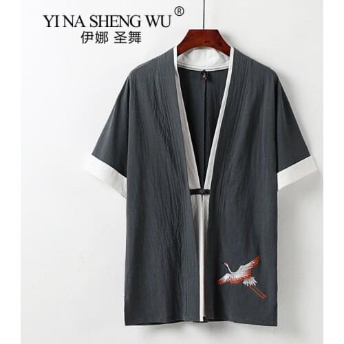 Kimono Japanese Crane Print Yukata Coat T-shirts Japan Short-Sleeved Haori Tops Asian Chinese Cardigan Traditional Shirt Costume
