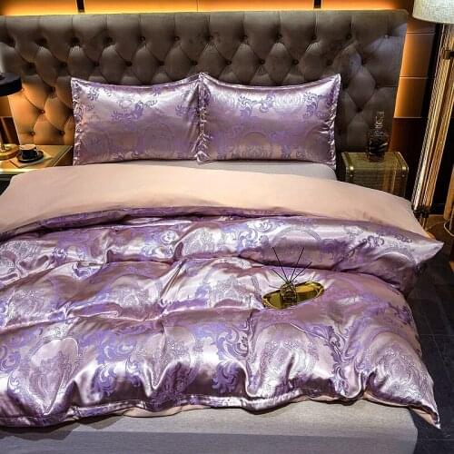 Luxury Jacquard Soft Satin Silky Duvet Cover Pillowcase Sheet Set With Zipper Seal 4 Pcs Purple Bed Linen Double Bedding Sets