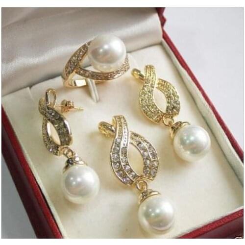 Pretty Womens Wedding shipping>12mm White Pendant Necklace Earrings Ring Set -jewelry natural Luxury Ms. girl Wedding Jewelry