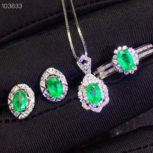 925 Silver Jewelry set Natural emerald Pendant Earring Ring sets Women Jewelry