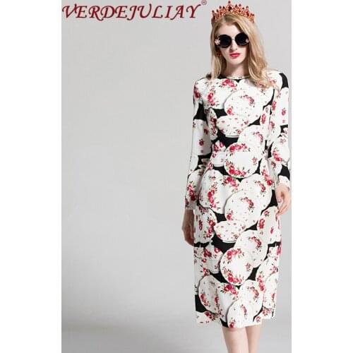 Wholesale Office Lady Fashion Pencil Dresses Runway Design Romantic Floral Plate Print Elegant Slim Mid-Calf Dress