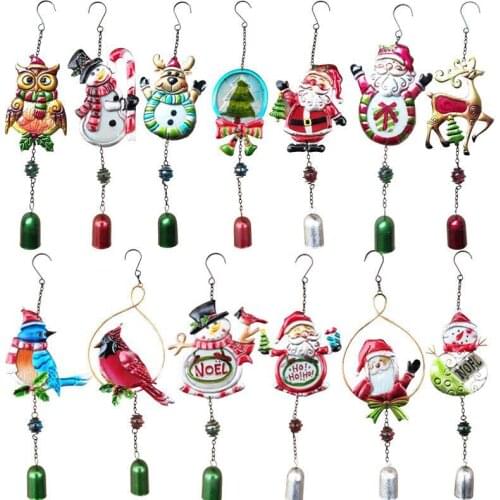 Santa Claus Elk Reindeer Shape Hanging Car Pendant Wrought Iron Christmas Wind Chimes Metal Bells for Xmas Party Embellishment