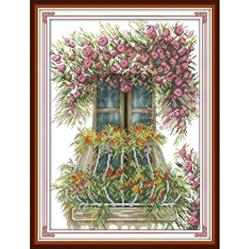 Joy Sunday New Arrival Cross Stitch Window Sill Flower Needlework DMC 11/14 CT DIY Handmade Embroidery Kit for Home Decor& Gift