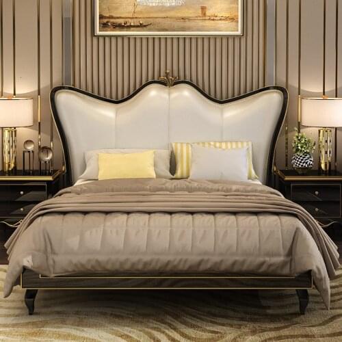 American light luxury double bed ins style European solid wood genuine leather bed French wedding bed 1.8 m with soft backrest