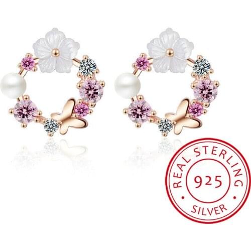 Real 925 Sterling Silver Earrings Pretty Butterfly Colorful Flowers+White Peal Cubic Zirconia Crystal Jewelry For Women