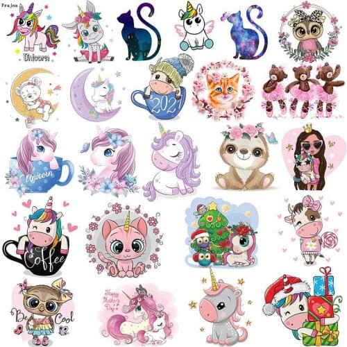 Prajna Cartoon Unicorn Animal Iron On Transfers Vynil Heat Transfers Small Ironing Stickers On Kids T-shirt Clothes Applique DIY