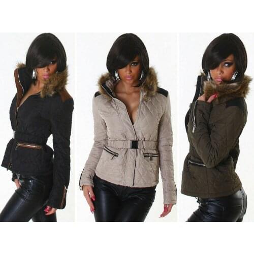 Jacket Women quilted jacket faux fur collar elastic belt