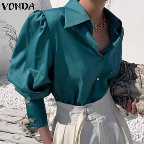 Women'Tunic Casual Solid Tops OL Style Lapel Neck Office Ladies Blouse 2021 VONDA Female Sexy Party Blusas Femininas