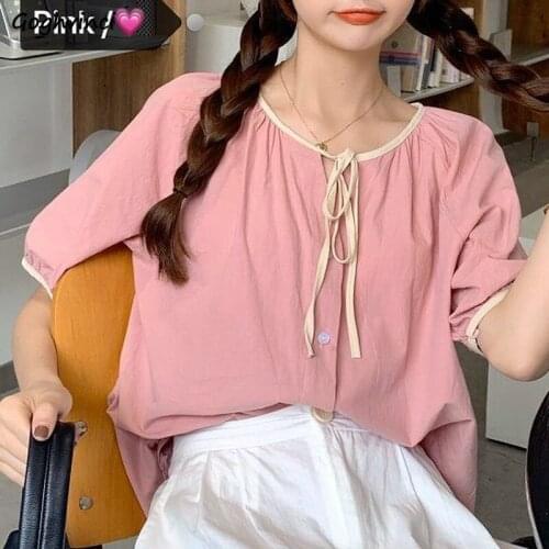 Women Shirts Summer Sweet Girls Patchwork Lace-up Short Sleeve Loose Single Breasted Tender Korean Style Daily Tops New Female