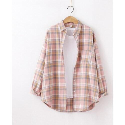 Women 2021 Autumn Blouses Soft Plaid Shirt Loose Boyfriend style Shirts Ladies Tops 100% Cotton