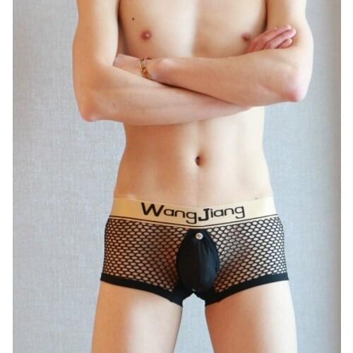 Crotchless Fishnet Mesh Boxer Shorts U-convex Pouch Panties Lenceria Sex Hot Caliente Open Butt Gay Underwear Transparent Boxers